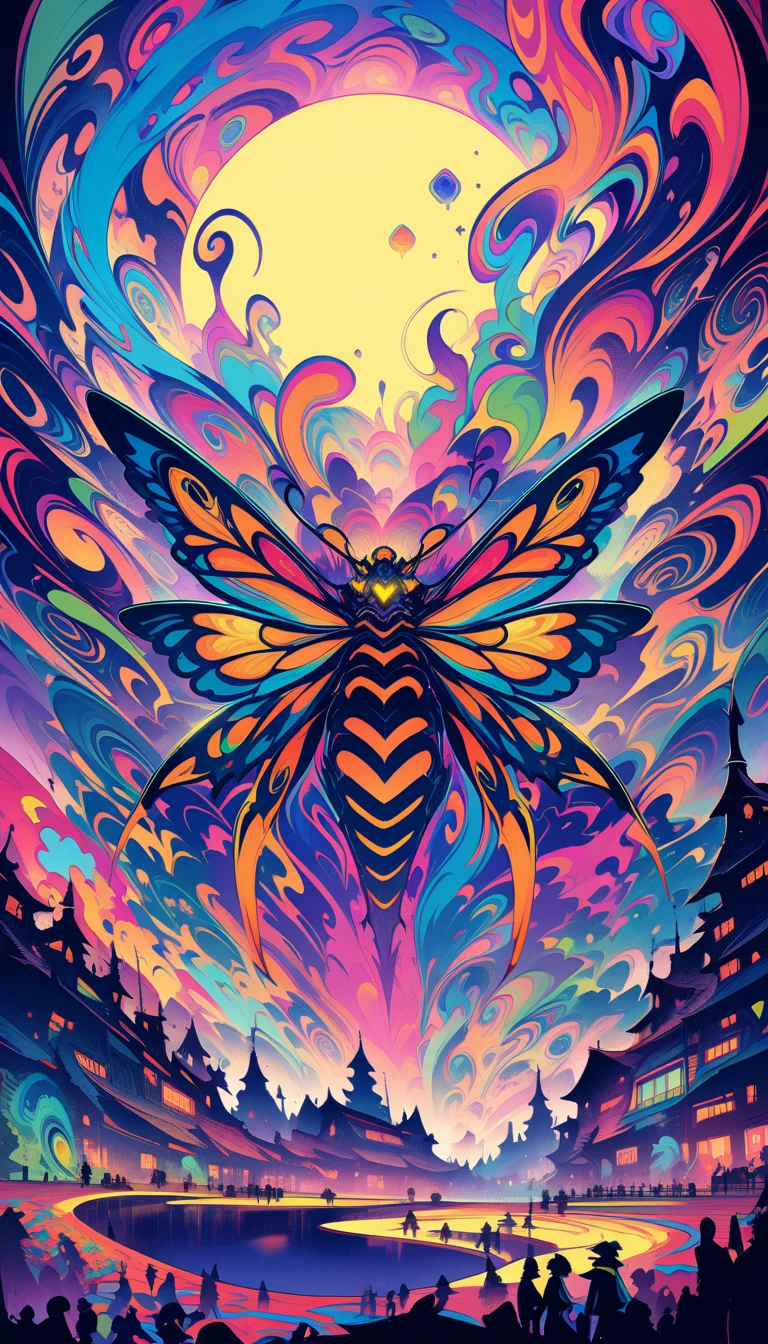 ((best quality)) , ((masterpiece)) , (fantasy illustration of an enormous wasp with glowing eyes), surrounded cheering people in the style of magic The gathering card art. In front is a large yellow moon over a fantasy town background. Vibrant colors are used.,(psychedelic style . vibrant colors, swirling patterns, abstract forms, surreal, trippy)