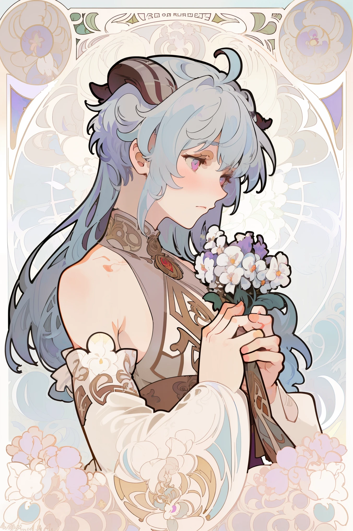 Art Nouveau Style, poster in a theater, (((art by alphonse mucha))), upper body, blush, profile ,(masterpiece, finely detailed beautiful eyes: 1.2), 1girl, solo, beautiful, small details, ultra detailed, best quality, intricate, sharp, digital illustration, detailed, white flowers, ((snow)), winter background, ganyu \(genshin impact\), 1girl, ahoge, bangs, bare shoulders, ((light blue hair)), blush, (red ram horns), long hair, medium breasts, purple eyes, sidelocks, solo, tassel, white sleeves, ((masterpiece)), curly hair, white dress, holding flowers