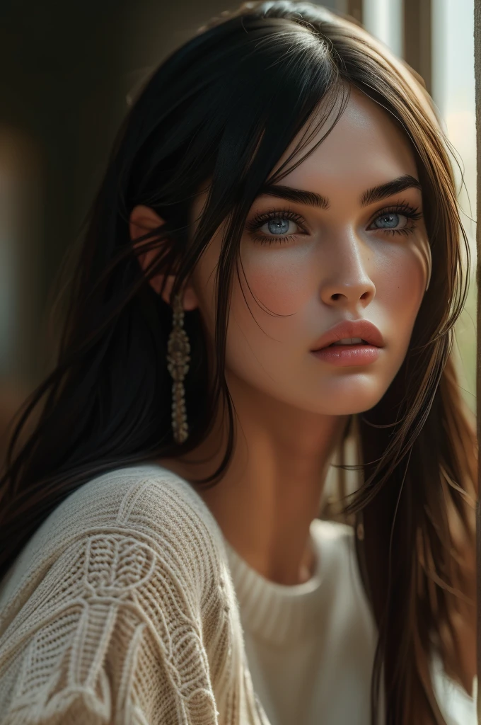 Megan Fox, ultra-detailed eyes, bangs, knit sweater, (((masterpiece, ultra-detailed face))).