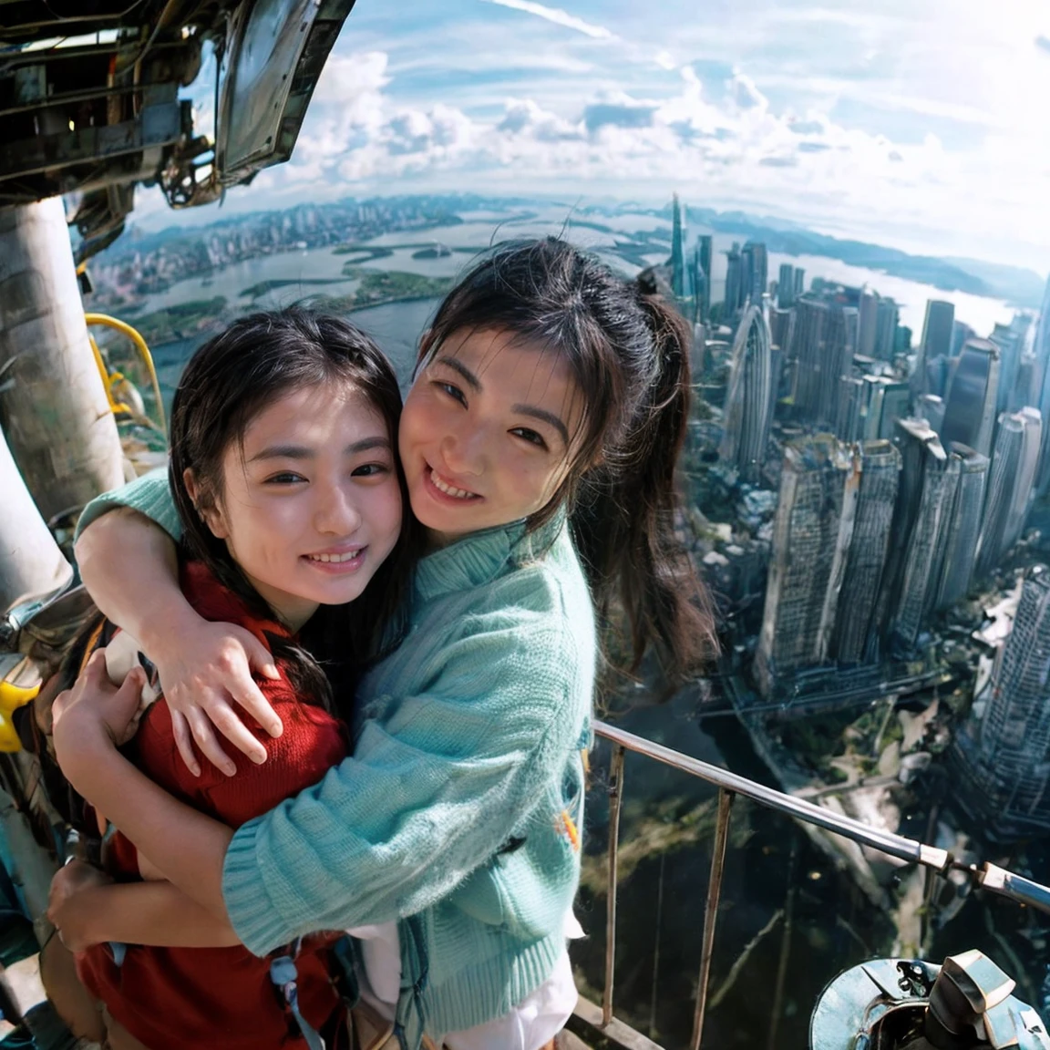 Identical twin sisters hugging each other、16 years old、,of(8k、Live Shooting、Highest quality、masterpiece:1.2)、Very detailed、Super Resolution、(Hyper Genuineity、)Very detailed、Super Resolution、(Genuine、Actual photo:1.47)、 exhilarating roofExcellent selfie of a confident womof with black hair in a long,She is beaming as she looks out over the ultra-modern city below... This high ofgle,Fisheye lens photo of her in mountaineering clothes、Highlight the spaghetti straps **** Excellent,Climbing Pofts,A glimpse of the distoft sea、This aerial photograph is complete...,