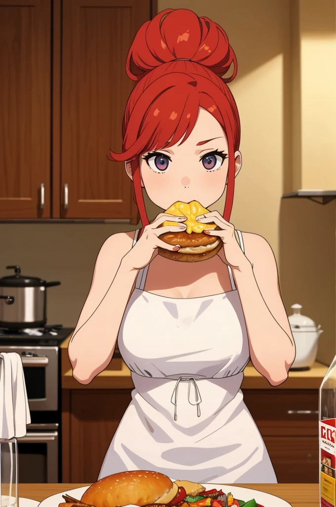 make redhaired slim girl at home, she's eating in the kitchen