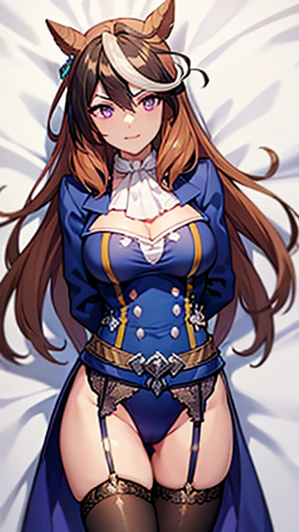 absurdres,highres,ultra detailed,(lady:1.3),(laugh:1.1),BREAK,(light purple eyes:1.2),(arms behind back:1.3),hair between eyes,(hair bun hair:1.3),(shiny skin:1.3),BREAK, (blue black hair:1.2), (Sharara,Jacquard),(garter belt:1.2) ,BREAK,(nsfw:1.1),(dakimakura:1.3)