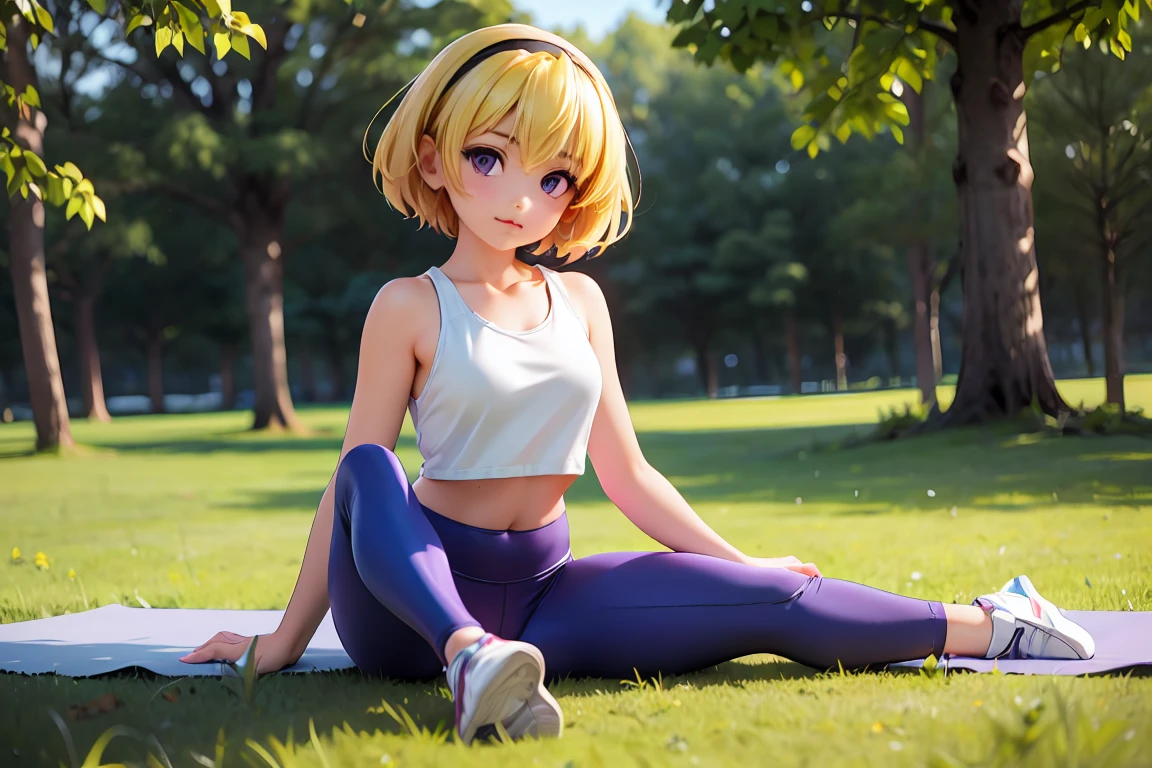 yoga, Satoko Hojo, One Girl, (blonde), Purple eyes, short hair, hair band, Small breasts,  alone, a bit, a bit figure, blue sky、grass、Park Square、Sportswear、yogaマット、Natural light, Attention to detail,
