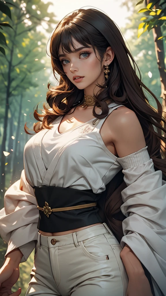 8k, highest quality, masterpiece, Very detailed, Semi-realistic, girl, girl, 20-year-old, Look at your hands, Long dark brown hair with bangs, Curly Hair, Green Eyes, Black Japanese-style cut clothes, White pants, Exposing shoulders, golden details, Thin body type, Cold look, Battle Scenes, Outdoor, Forest Background, Lots of trees and dark skies