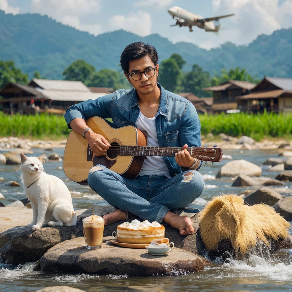 A handsome Indonesian man, neat long hair, wearing a "mangdan" denim t-shirt. A stocky, sturdy body wearing glasses, sitting in the middle of the river on a river rock. Above him is a cup of hot cappuccino, lonely.