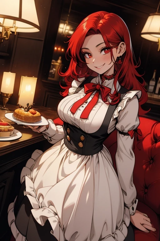 Perfect face. perfect hands. A red haired woman with red eyes and an hourglass figure in a lolita maid outfit is serving dinner in a fancy cafe with a big smile