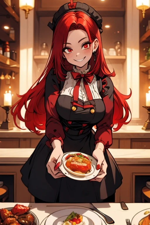 Perfect face. perfect hands. A red haired woman with red eyes and an hourglass figure in a lolita maid outfit is serving dinner in a fancy cafe with a big smile