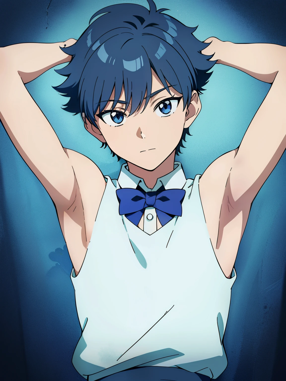 Highres, Masterpiece, Best quality at best,Best Quality,hight quality, hight detailed, Anime style, , 1boy, Boy, Shota, Solo person, young man, Kpop, upper body, slim body, Sleeveless vest, waiter, Bow tie, choker, bare shoulder, grey background, (Showing armpit:1.3), Give me a picture of the armpit of a young boy, the armpit looks clean and smells good, the armpit is very beautiful, the boy is teasing using his armpit, shine closer to the armpit, Cute armpit, Sexy armpit, seductive armpits, Such a cute smooth armpit, The armpits of a 12 yeaAdorable little armpits, Give me a proportional picture of a 12 year old boy'svery young boy), (Very small and short body), uhd, bokeh