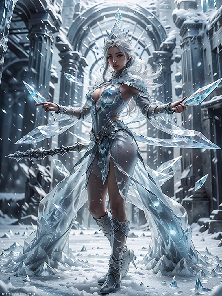 throneroom, ice,
Raw photo、(High resolution:1.3)、(Highest quality)、8k、(Perfect Anatomy)、Back view、(Angle from below)、One beautiful woman、Beautiful and well-proportioned face、20-year-old、(Young Snow Queen standing in front of her ice throne:1.3)、Ice Castle Throne Room、(snow:1.3)、(Beautiful ice crown:1.3)、(Ice Long Sword)、(Super see-through ice dress:1.3)、(Increased transparency:1.2)、(The costumes are all made from highly transparent ice.、The embroidery and frills on the dress are recreated in ice.)、Ice furniture and walls、Intricate details、Detailed Background、Turn around and give the viewer a confident smile、(Super hourglass body type:1.3)、(Super big breasts pointing upwards:1.3)、(Wide super big ass:1.2)、Spread your legs wide and stick your ass out、Sexy and acrobatic fighting poses、(A ring of tiny ice snow forms around her.:1.3)、A dramatic, cinematic atmosphere