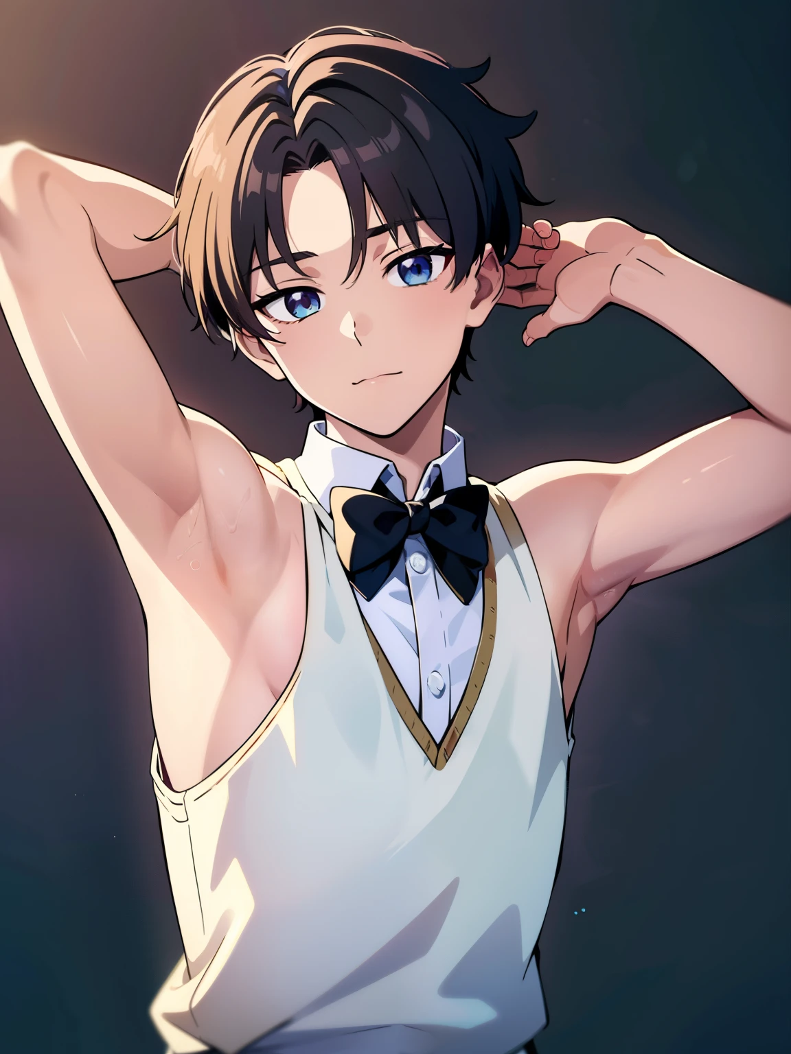 Highres, Masterpiece, Best quality at best,Best Quality,hight quality, hight detailed, Anime style, age 12, 1boy, Boy, Shota, Solo person, young man, Kpop, upper body, slim body, Sleeveless vest, waiter, Bow tie, choker, bare shoulder, grey background, (Showing armpit:1.3), Give me a picture of the armpit of a young boy, the armpit looks clean and smells good, the armpit is very beautiful, the boy is teasing using his armpit, shine closer to the armpit, Cute armpit, Sexy armpit, seductive armpits, Such a cute smooth armpit, The armpits of a 12 year old boy, Adorable little armpits, Give me a proportional picture of a 12 year old boy's armpits, (very young boy), (Very small and short body), uhd, bokeh