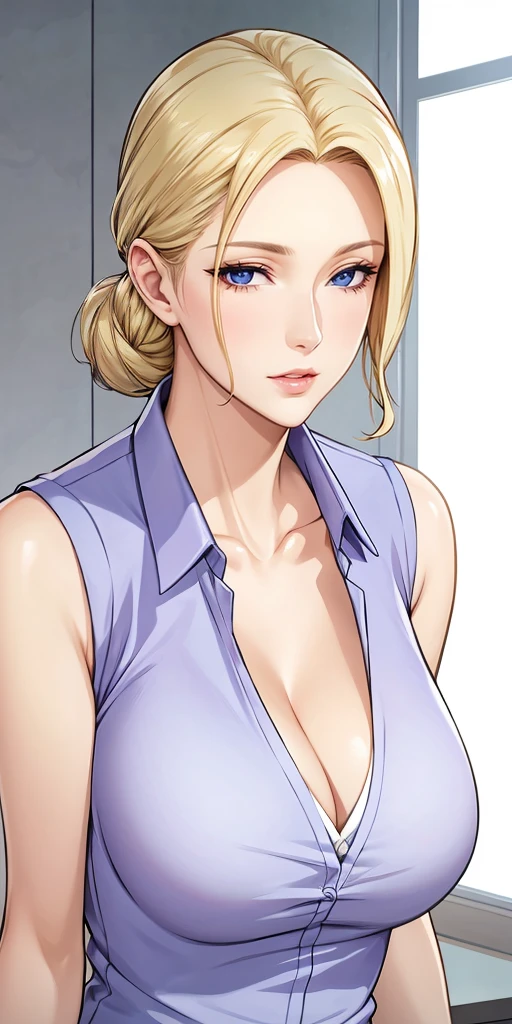 Elegant mature woman, milf, blue eyes, blonde hair, soft light, 4k resolution, high quality, beautiful cg