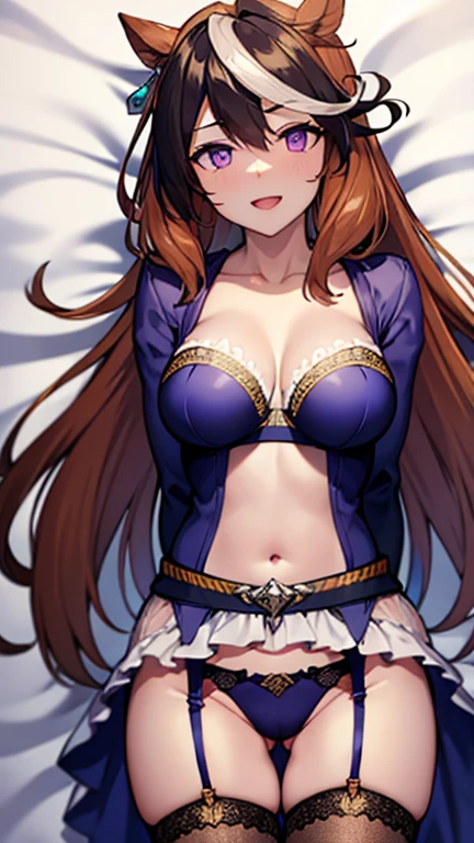 absurdres,highres,ultra detailed,(lady:1.3),(laugh:1.1),BREAK,(light purple eyes:1.2),(arms behind back:1.3),hair between eyes,(hair bun hair:1.3),(shiny skin:1.3),BREAK, (blue black hair:1.2), (Sharara,Jacquard),(garter belt:1.2) ,BREAK,(nsfw:1.1),(dakimakura:1.3)