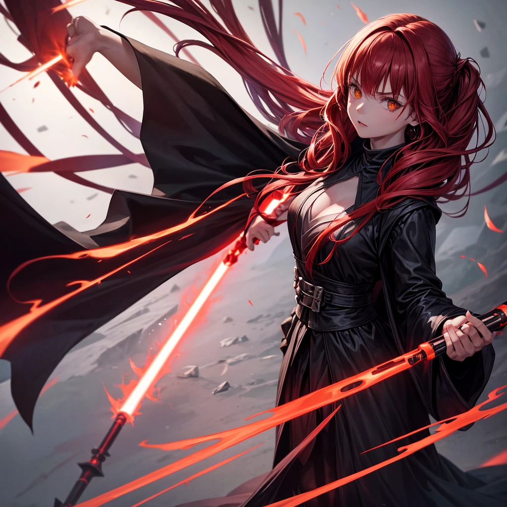 The girl is the dark lord of the Sith. She has red hair and red-yellow eyes. She is wearing a black robe. She spread her arms wide. There are many activated red lightsabers flying around her