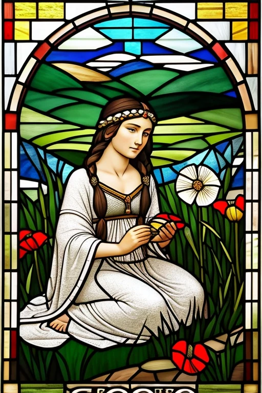 I would like to create a simplified drawing of the goddess demeter, on a simple style. the hair of the goddess is dark blond. Please use the adivine attributes of the goddess like: Demeter is often represented seated, with a sheaf of braided ears of wheat, a narcissus and a poppy, She is sometimes equipped with a torch, looking for his beloved daughter. We often see near her the products of the earth and her sacred animals, the snake and the sow. the image reminiscent of a stained glass window.
