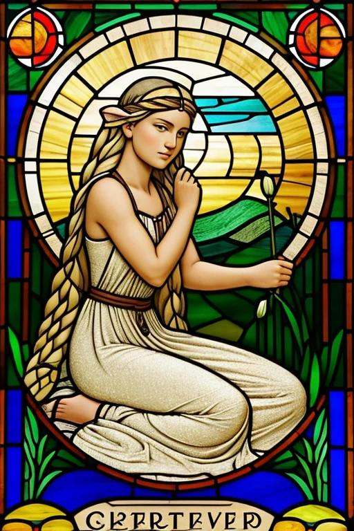 I would like to create a simplified drawing of the goddess demeter, on a simple style. the hair of the goddess is dark blond. Please use the adivine attributes of the goddess like: Demeter is often represented seated, with a sheaf of braided ears of wheat, a narcissus and a poppy, She is sometimes equipped with a torch, looking for his beloved daughter. We often see near her the products of the earth and her sacred animals, the snake and the sow. the image reminiscent of a stained glass window.