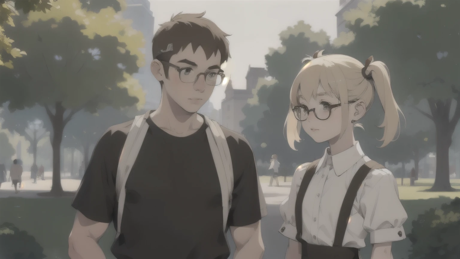 a short cute blonde girl with two pigtails stands next to a thin young guy, Short brown hair, round face, Glasses, in the park