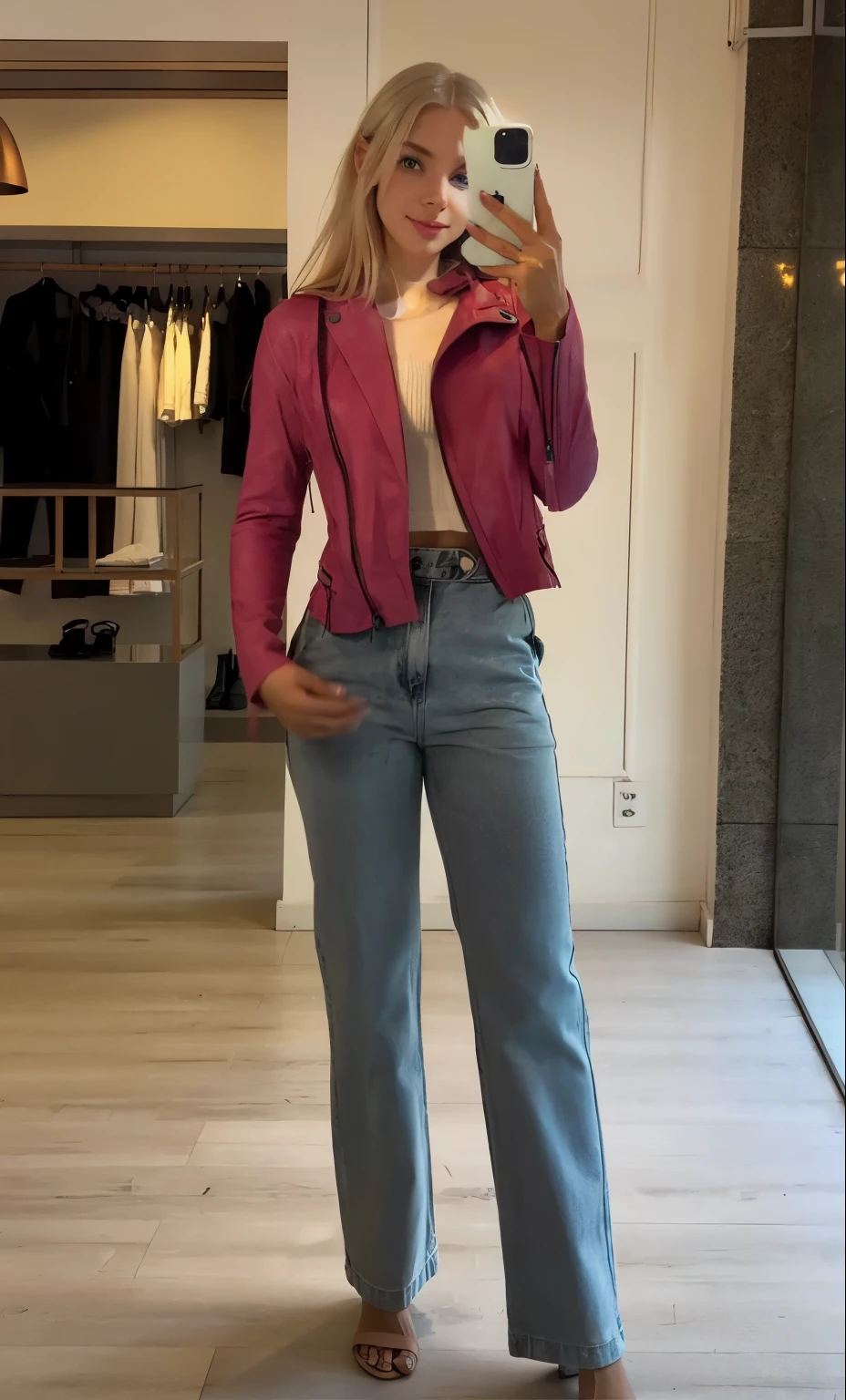 Woman, americana, age 25, pale skin and freckles, grey-eyed, delicate nose, soft and delicate lips, distant, cabelo blondie distant e ondulado na altura da cintura, Sweet smile, face with delicate feminine facial features, highly rendered, black leather pants