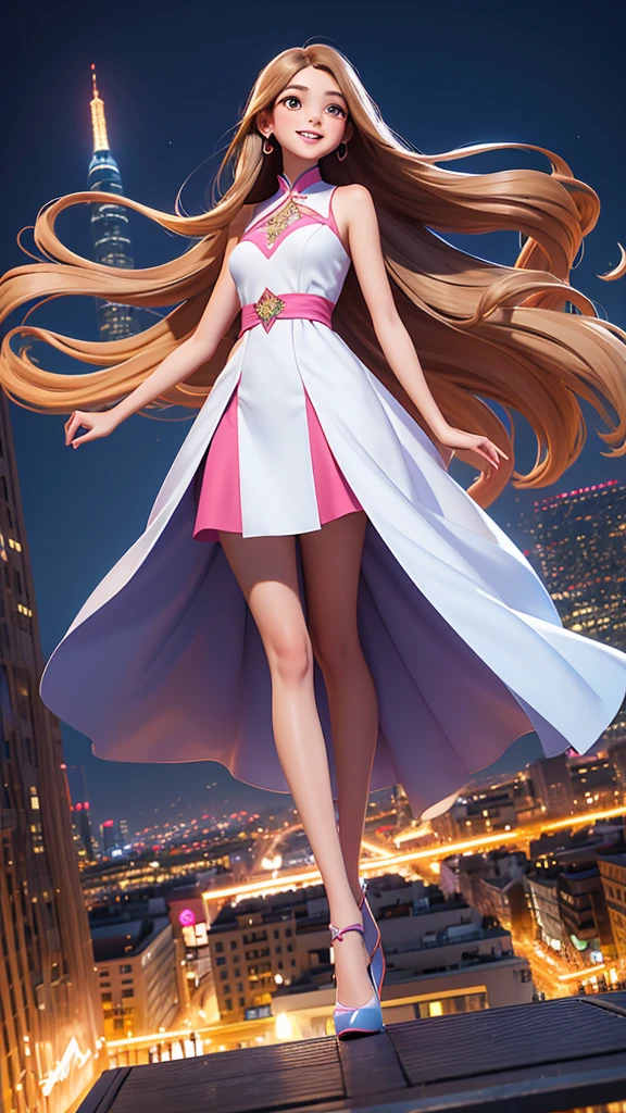 Ai real human pixar style Very very Tall Beautiful young fair complexion girl with not too long straight hair wearing a colorful design straight gown spreading in the air , smiling, feeling the cool air in a beautiful city area, lmage a little dark. Show full view of city. Very tall brown girl decent but stylish