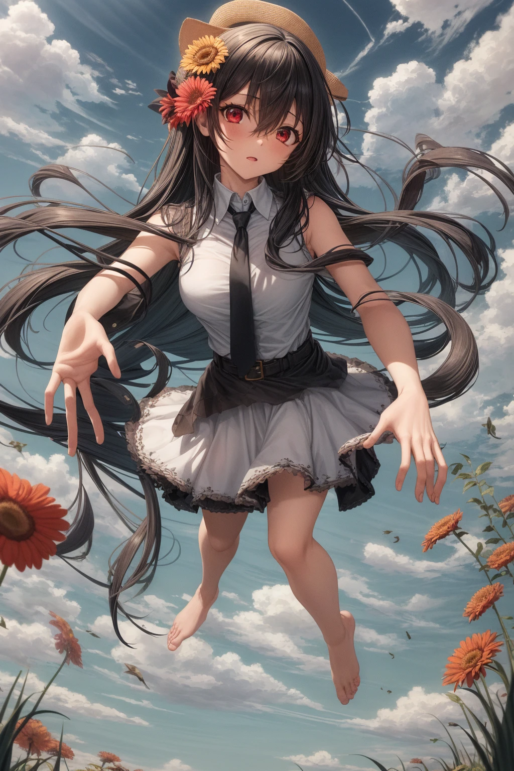 masterpiece, best quality, 1girl, long hair, black hair, red eyes, hair between eyes, skirt, dress, necktie, sleeveless, belt, shirt, black shirt, collared shirt, red necktie, black skirt, bare feet, standing up, from above, perspective, grass, [forest | lake], day, sun, sunlight