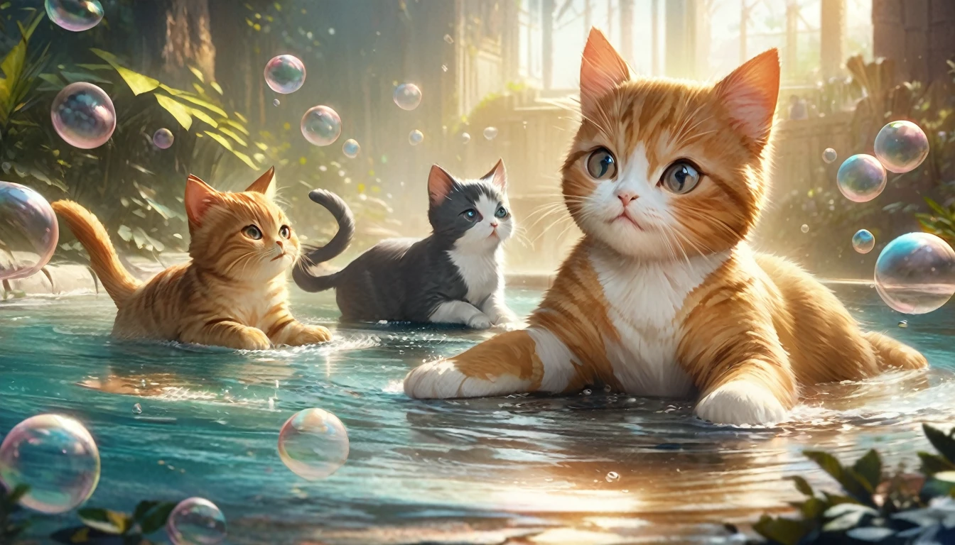 There is a cat floating in the water，There are bubbles, Cute detailed digital art, lovely digital painting, anime visual of a cute cat, cute detailed artwork, adorable digital art, realistic anime cat, trending on artstation pixiv, cute artwork, anime cat, Detailed fanart, clean and meticulous anime art,