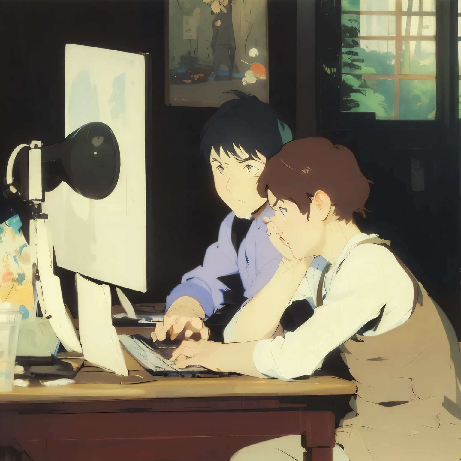 two kids sitting in dark room on the computer, inspired by Junpei Satoh, by Tadanori Yokoo, by Kobayashi Kiyochika, gainax anime style, inspired by Zhang Xiaogang, inspired by Matsumura Goshun, studio gainax illustration, inspired by Rumiko Takahashi, studio gainax art
