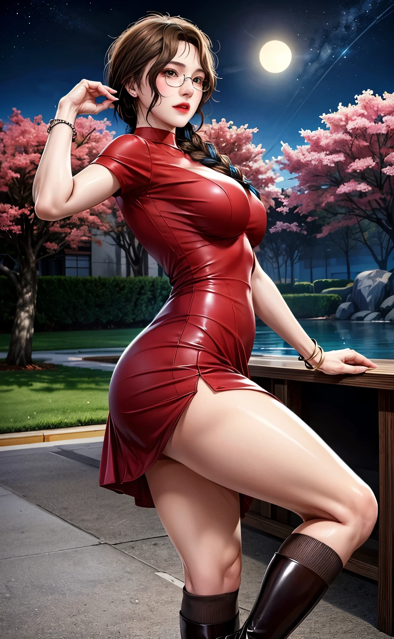 Professional, High level of detail, close up photo (attractive mature 45yo woman:1.3),ray tracing, natural lighting, (blushing:1.1 ), (classy, elegant, dandy)1.2, perfect face, (dark red dress, long latex skirt) (((glasses, covered))),loose hair, medium breast, cleveage, Slim Face,(mature) , Pretty Lady, smile eyes, see full image, bracelet, tattoo, sakura tree, japan, night scene, crosing leg, open legs beside tree, glasses, view from behind