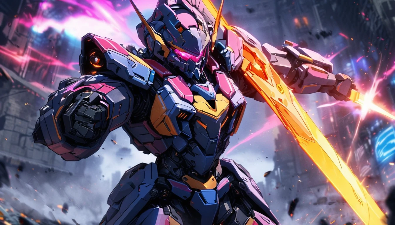 ((tmasterpiece)),((best qualtiy)),8k,high detal,hyper-detailing,A cool mech wearing a V-shaped helmet,Colorful glowing mech set,Wielding a glowing longsword,Strike a fighting stance,Close-up Shot Shot。In the background,There are many monsters lurking in the smoky atmosphere。