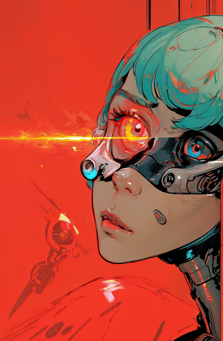 there is a beautiful girl robot with a red light on his face, by Josan Gonzalez, detailed portrait of a cyborg, greg beeple, cyborg eyes, human with one robot eye, cyborg portrait, cyberpunk comic cover art, inspired by Josan Gonzalez, detailed cyberpunk illustration, cyborg and wire details, josan gonzales, terminator art, cyberpunk illustration