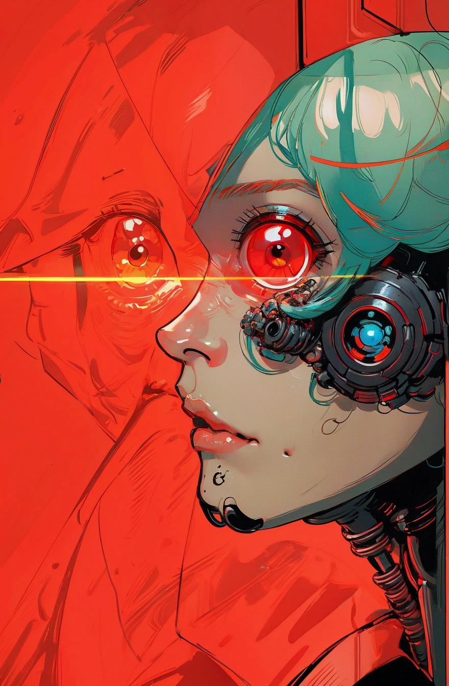 there is a beautiful girl  robot with a red light on his face, by Josan Gonzalez, detailed portrait of a cyborg, greg beeple, cyborg eyes, human with one robot eye, cyborg portrait, cyberpunk comic cover art, inspired by Josan Gonzalez, detailed cyberpunk illustration, cyborg and wire details, josan gonzales, terminator art, cyberpunk illustration