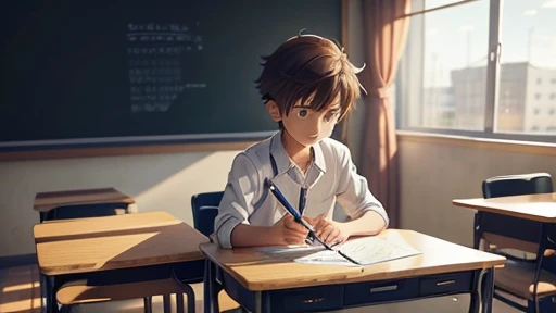 Boy in classroom making a drawing, an anime drawing inspired by Goro Fujita, pixiv, what is?, concept art of a single guy, 3d realistic anime style., in anime style, in an anime style, Detailed anime character art, digital anime illustration, detailed digital anime art, clean and detailed anime style, stylized anime