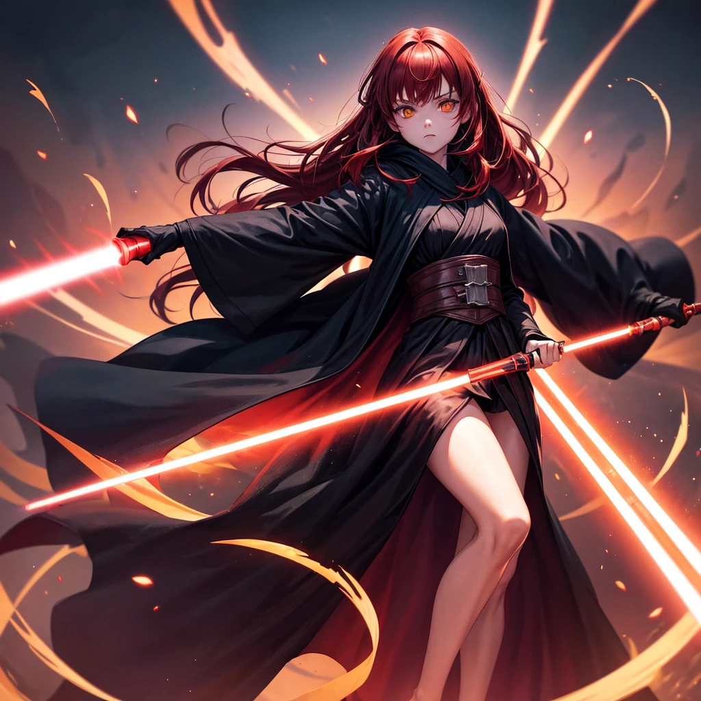 The girl is the dark lord of the Sith. She has red hair and red-yellow eyes. She is wearing a black robe. She spread her arms wide. There are many activated red lightsabers flying around her