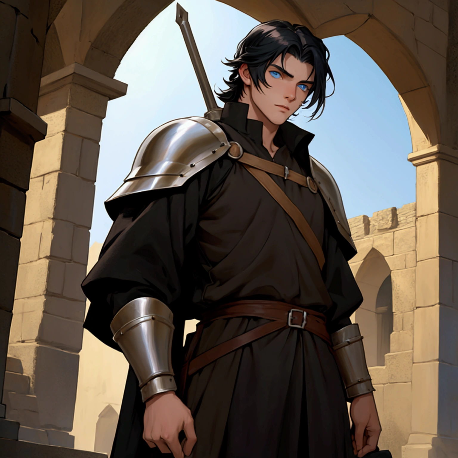 play a 20 year old medieval man preparing for combat with black hair and blue eyes