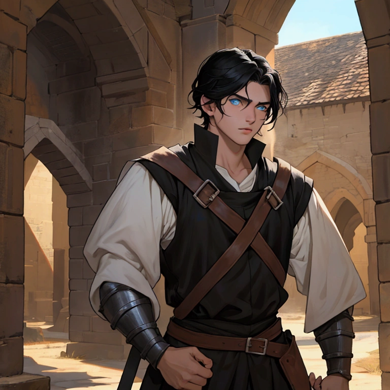 play a 20 year old medieval man preparing for combat with black hair and blue eyes
