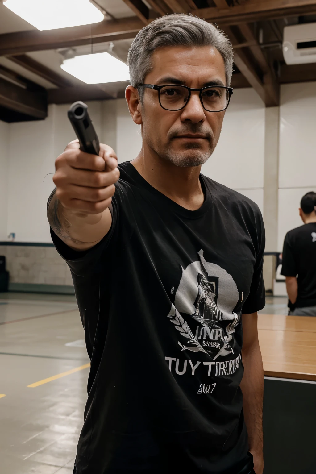 The image is a portrait-style, full-body photograph taken at an indoor sporting event. The layout is vertical and focuses on a 50-year-old man standing in the foreground. He holds a gun in his raised right hand pointing forward. His left hand is in his pocket. He has short, gray hair and wears glasses. His facial expression is serious and he has a light skin tone. He is wearing a white T-shirt with the word "Turkiye" printed in black letters and a small emblem on the left side.