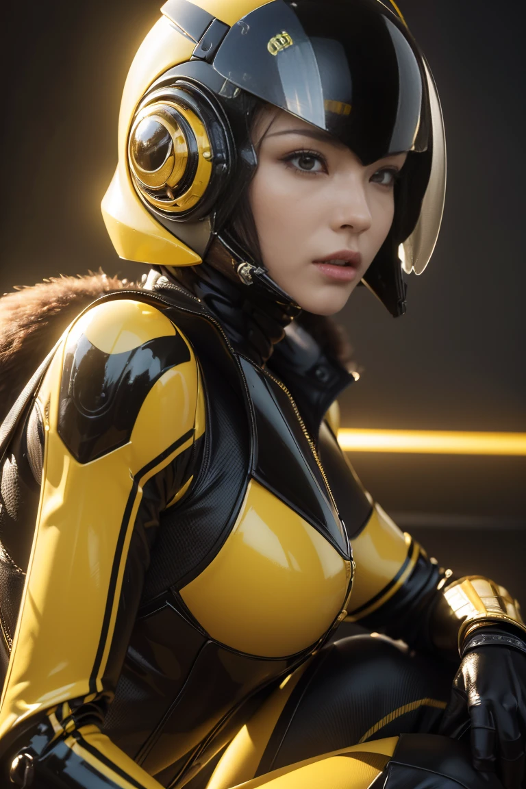 (Best Quality, 4K, 8K, High Definition, Masterpiece:1.2), (Ultra Detailed, Realistic, Photorealistic:1.37),A terrifying female combat android combined with a human female and a hornet, A full-face helmet shaped like a wasp's face, featuring yellow and black color scheme like a hornet, enormous compound eyes, and futuristic technology. (NDFW:1.3)