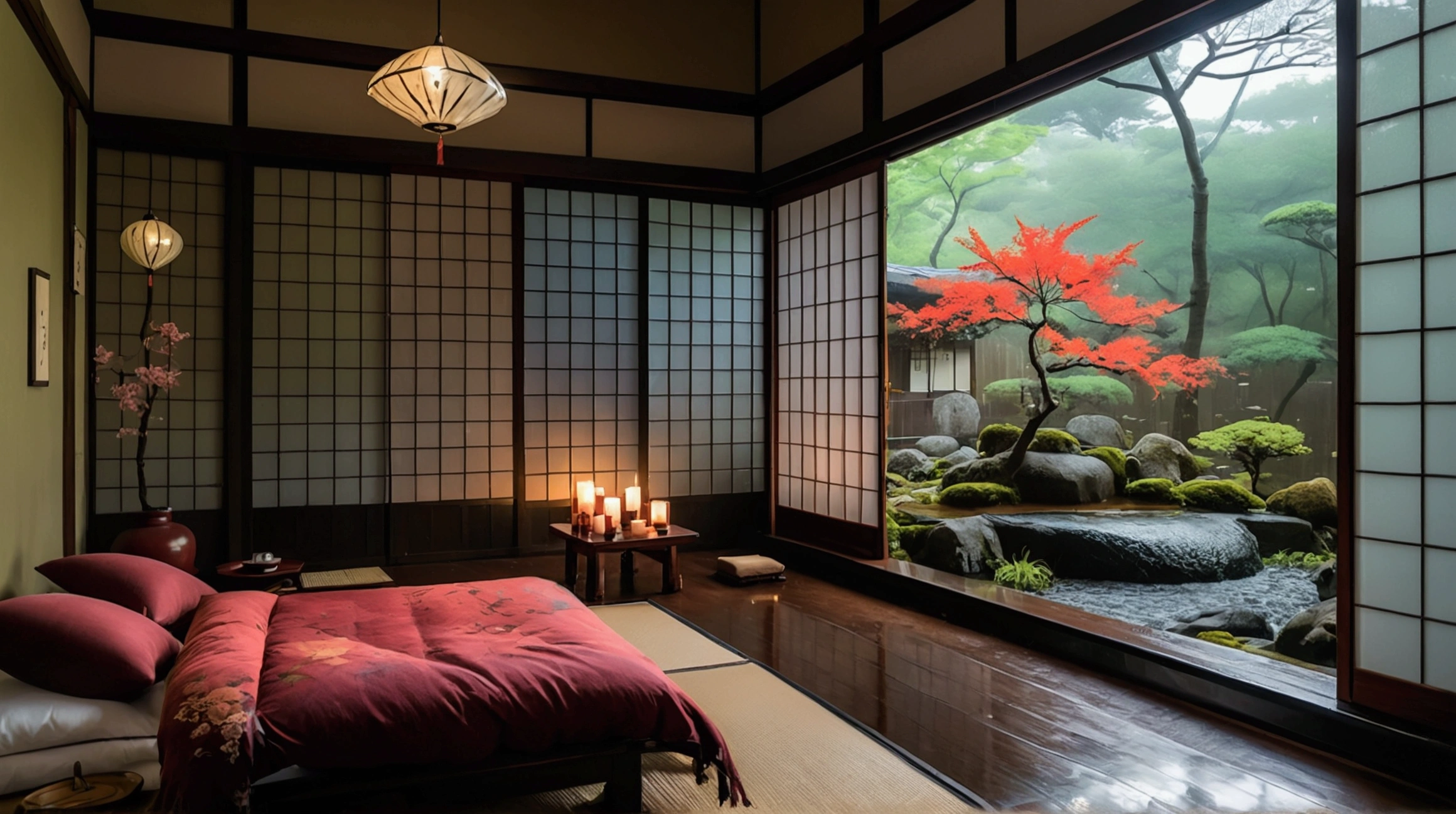 A traditional Japanese-style room with a large window overlooking a lush, colorful garden. The room has tatami mats, shoji screens, and a low table with candles. Outside, the garden features vibrant red maple trees and a small pond or stream