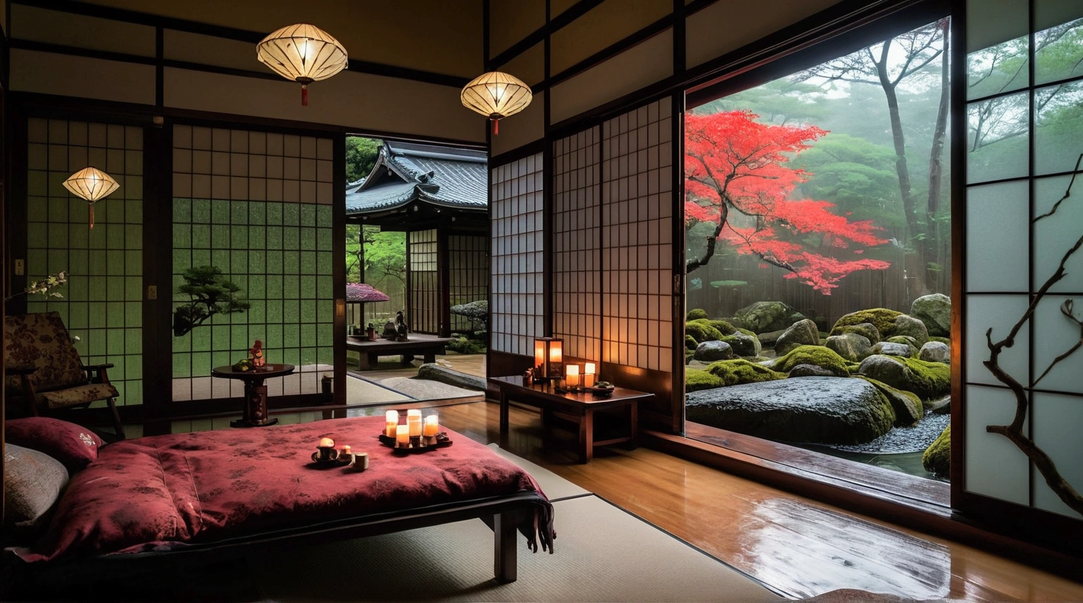 A traditional Japanese-style room with a large window overlooking a lush, colorful garden. The room has tatami mats, shoji screens, and a low table with candles. Outside, the garden features vibrant red maple trees and a small pond or stream