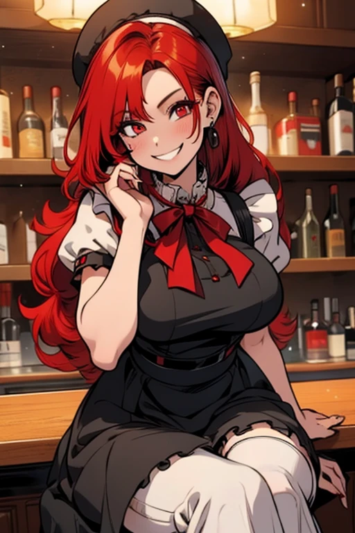 Perfect face. perfect hands. A red haired woman with red eyes and an hourglass figure in a ta maid outfit is sitting at the bar in a fancy cafe with a big smile