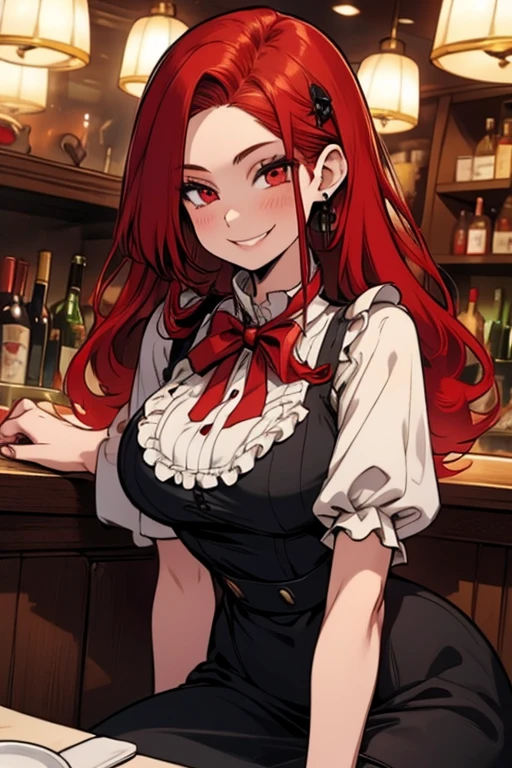 Perfect face. perfect hands. A red haired woman with red eyes and an hourglass figure in a lolita maid outfit is sitting at the bar in a fancy cafe with a big smile
