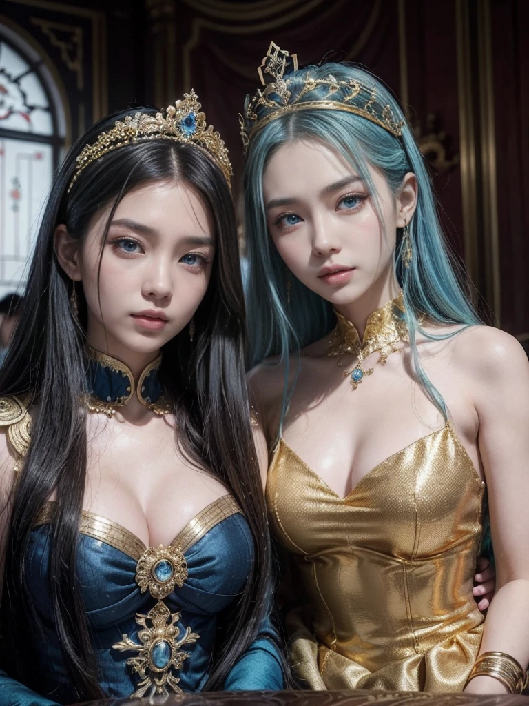 "crie a imagem de duas mulheres gêmeas, appearing to be between 18 and 22 years old, that they are a couple. They have blue hair down to their chins and blue eyes. Both have Asian faces, identical skin and bodies, perfeitos, with unparalleled beauty. They are immortal queens with various powers, located in 1000 to.c. They wear revealing clothes, adorned with lots of gold, including bracelets and other gold accessories. Show their romantic connection and chemistry. The background must be a majestic palace, matching your queens status."Additional details for insertion:Apparent age: 18-22 anoscabelos: blue, up to the chinEyes: blueRostos: Asian, perfect and identical skin: Perfeitacorpos: Perfect and identical, unparalleled beautyPosition: Immortal queensEpoca: 1000 a.c.clothes: Revealing clothesAccessories: Gold bracelets and adornmentsRelationship: casal, with a strong romantic connectionBackground: Majestic palace