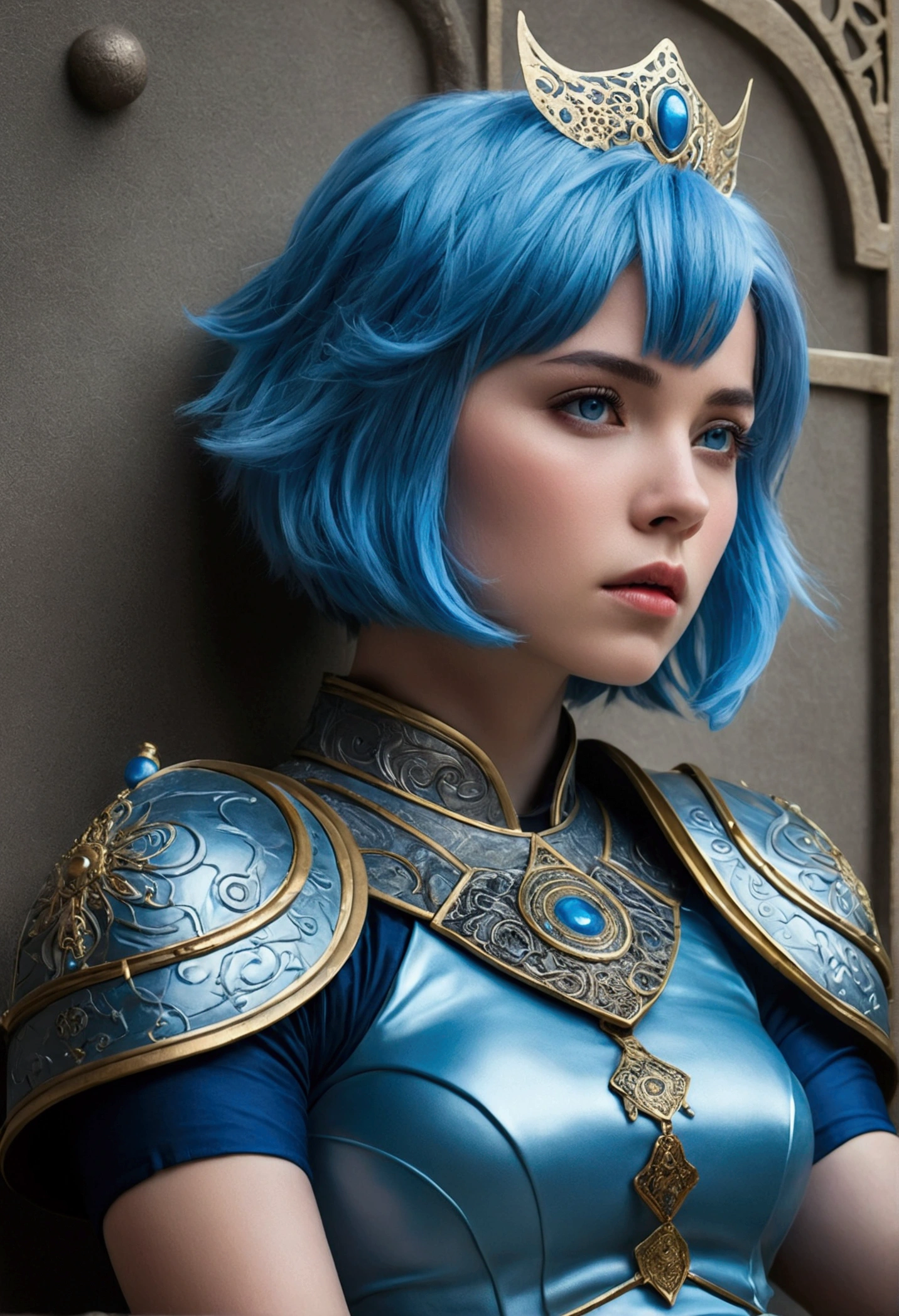 A short blue haired princess dressed as a warrior lying protected by a force field.