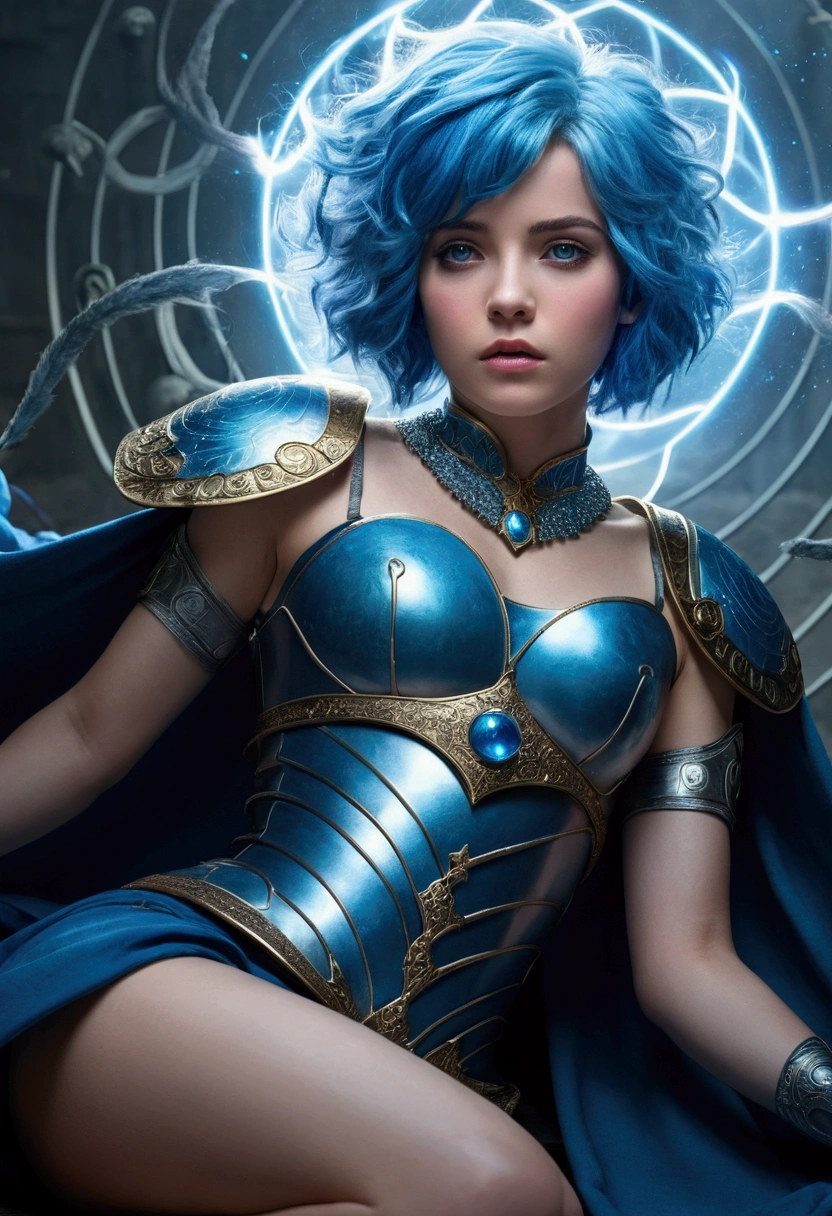 A short blue haired princess dressed as a warrior lying protected by a force field.