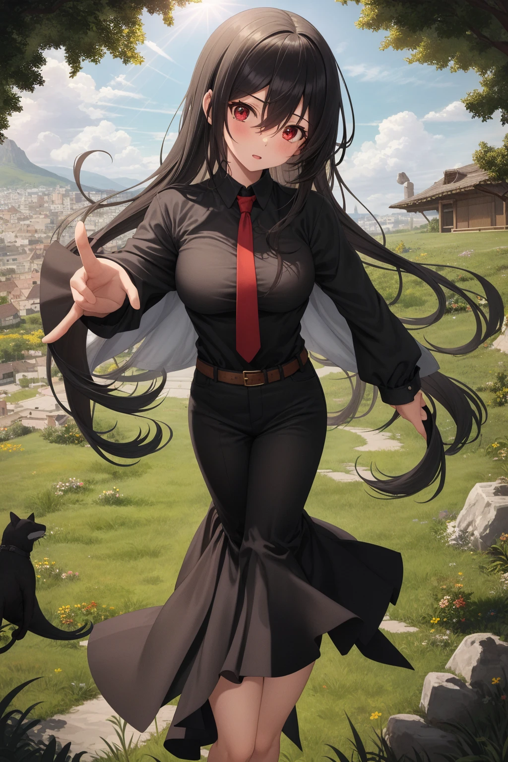 masterpiece, best quality, 1girl, long hair, black hair, red eyes, hair between eyes, skirt, dress, necktie, sleeveless, belt, shirt, black shirt, collared shirt, red necktie, black skirt, bare feet, standing up, from above, perspective, grass, [forest | lake], day, sun, sunlight