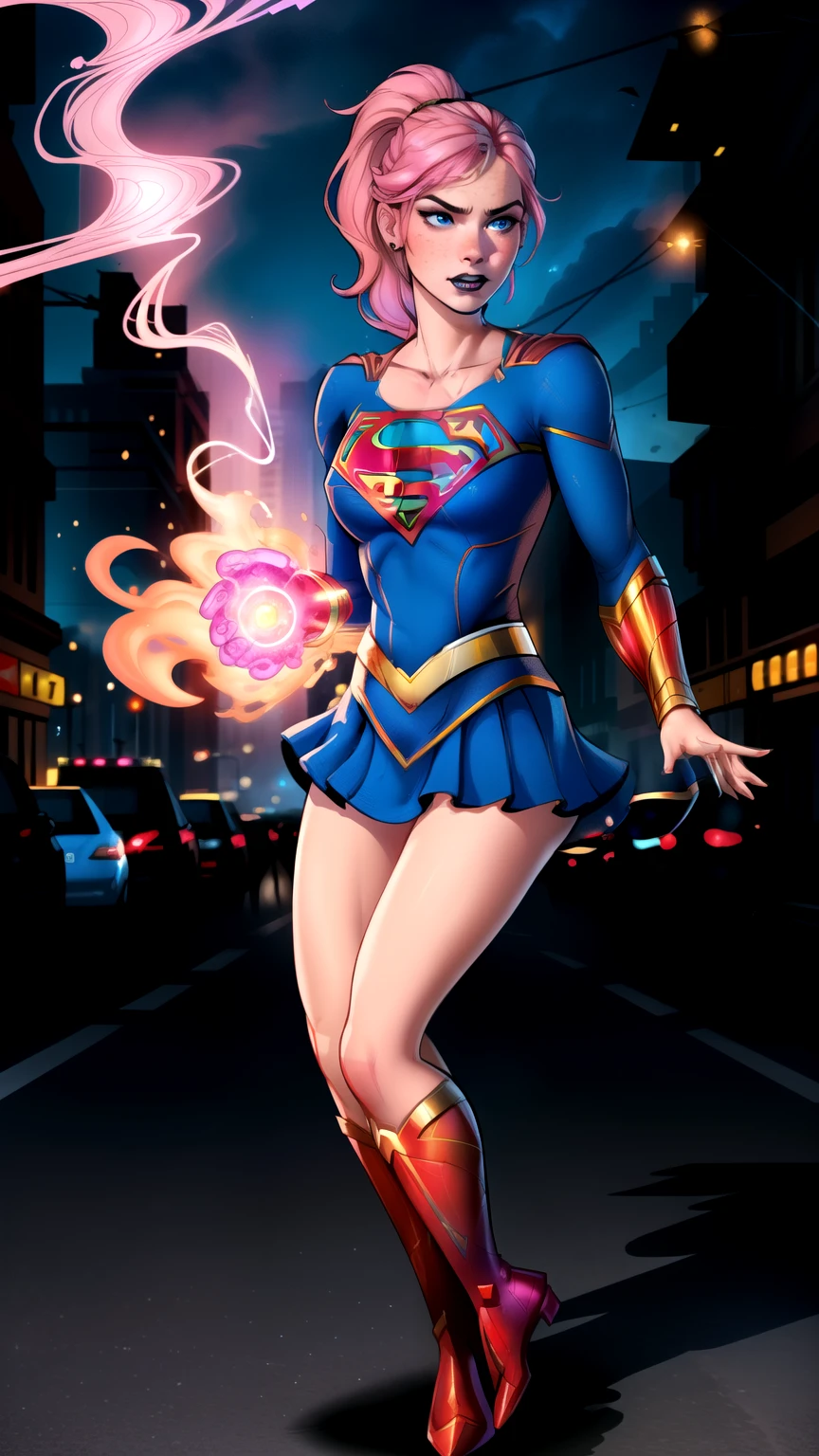 Rouge Redstar stands powerful and sleek in the iconic Supergirl ensemble, her high-tech warrior essence seamlessly merging with the timeless symbol of hope. The vibrant royal blue bodysuit hugs her athletic frame, its glossy finish hinting at reinforced armor beneath—perfect for a metallic soldier accustomed to battle. Prominently displayed across her chest is the iconic red‑and‑yellow “S” crest, glowing like a beacon that mirrors her fiery resolve.

A crimson cape, trimmed with subtle silver circuitry patterns, billows dramatically behind her, its fabric moving with a life of its own. The short red skirt is sharply pleated, edged with lightweight armor plating for protection and flexibility. Her golden belt gleams, matching the metallic accents woven into her knee‑high red boots, each boot reinforced for both flight and combat-ready landings. rouge redstar, 1girl, solo, long hair, bangs, choker, purple eyes, multicolored hair, purple hair, hair  ornament, jewelry