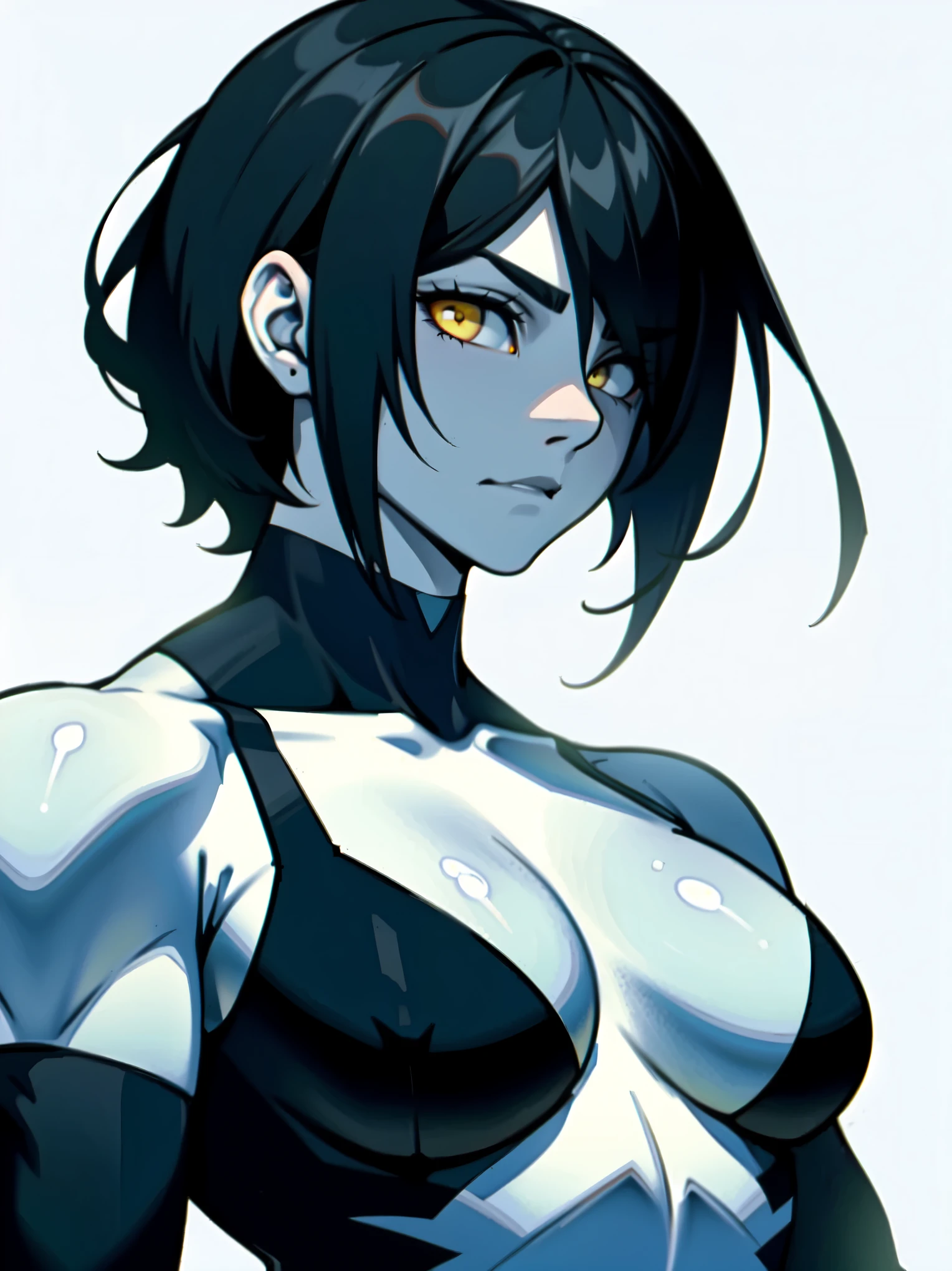 muscular girl large breasts empty eyes sad black hair yellow eyes pale skin