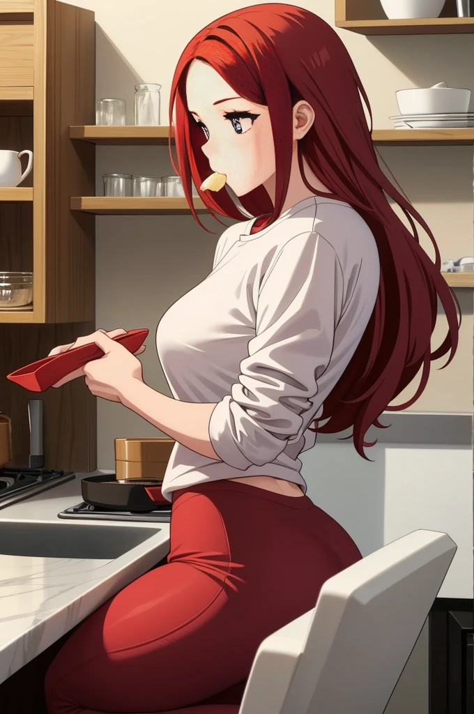 make redhaired girl in to tight clothes at home, she's eating in the kitchen