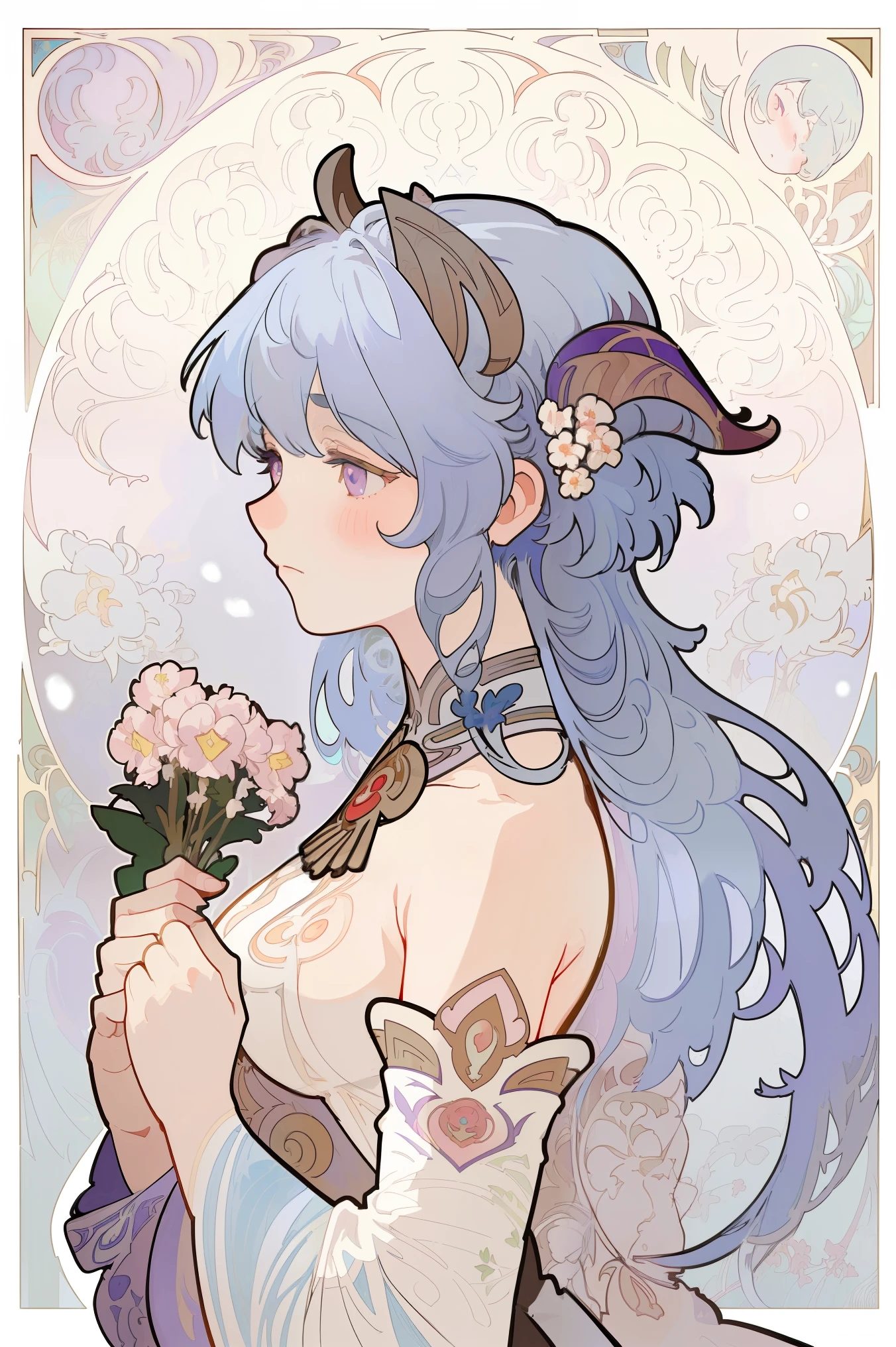Art Nouveau Style, poster in a theater, (((art by alphonse mucha))), upper body, blush, profile ,(masterpiece, finely detailed beautiful eyes: 1.2), 1girl, solo, beautiful, small details, ultra detailed, best quality, intricate, sharp, digital illustration, detailed, white flowers, ((snow)), winter background, ganyu \(genshin impact\), 1girl, ahoge, bangs, bare shoulders, ((light blue hair)), blush, (red ram horns), long hair, medium breasts, purple eyes, sidelocks, solo, tassel, white sleeves, ((masterpiece)), curly hair, white dress, holding flowers