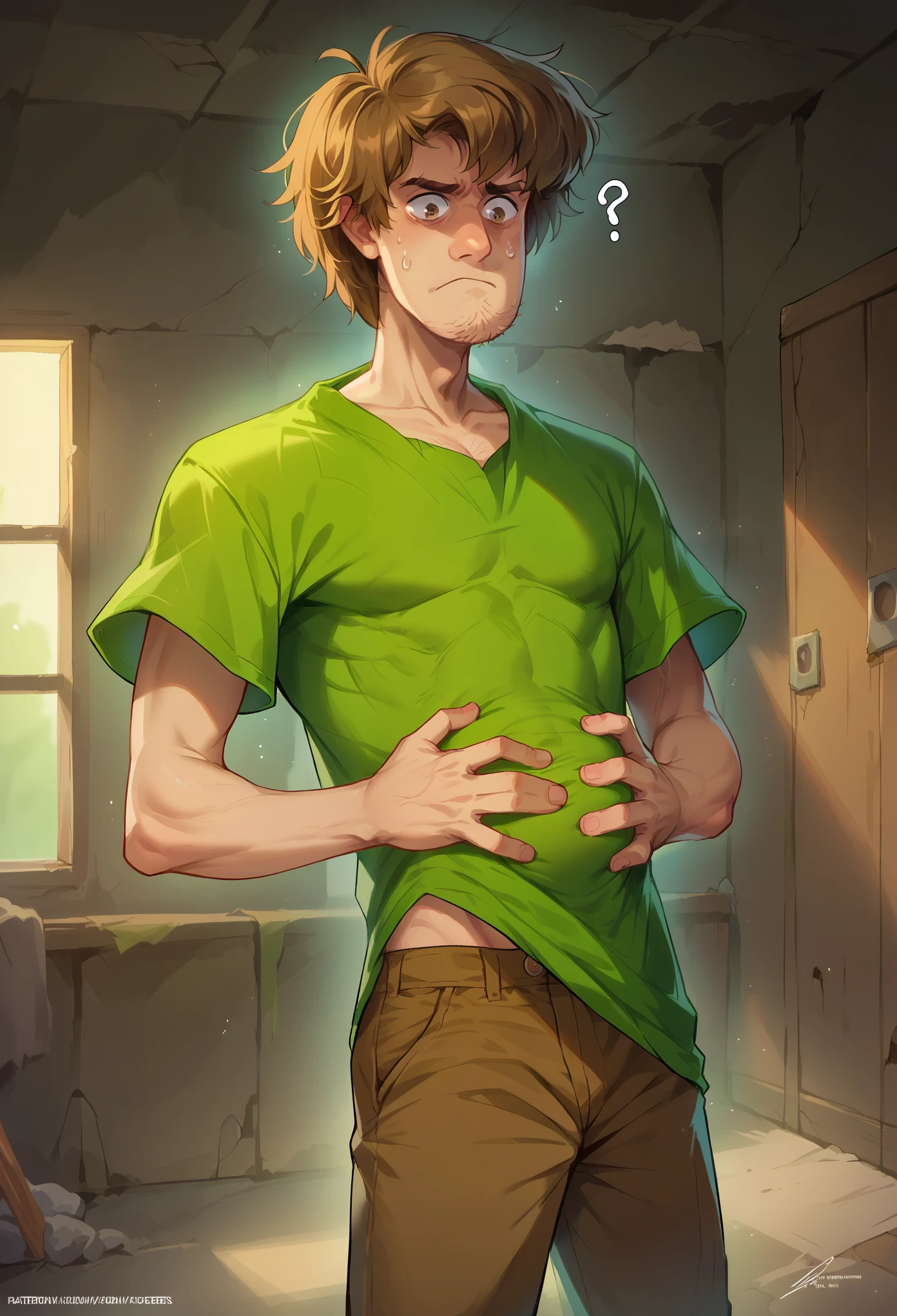 score_9, score_8_up, score_7_up, 1boy, solo, Shaggy Rogers, brown hair, green shirt, brown pants, standing, confused face, nervous, hands on stomach, flat stomach, looking down, inside a room, abandoned room, dark room, night