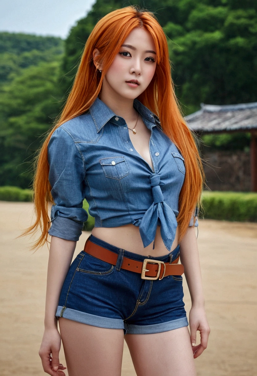 (masterpiece, Highest quality:1.2), One girl, alone, denim Shorts, boots, abdomen, Cleavage, Front tie top, tie shirt, belt, Underwear display , Orange Hair, Long Hair, belly button, Ahoge, Traditional Media, Shorts, Beautiful long legs, Are standing