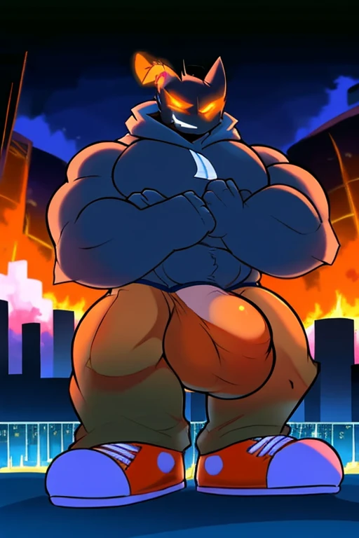 WhittyFNF, bomb head, blue hoodie, orange pants, orange sneakerale，Strong build, (glowing eyes: 1.2), (giant sized: 1.6), sitting on a throne, stepping on building, night time, rampage, impact, looking down, evil smile, thick arms, thick thighs, large pecs, (fat pecs: 1.1), (bara pecs: 1.1), macro, (landscape dwarfing: 1.5), city destruction, building destruction, destroyed city, city on fire, (city dwarfing: 1.2), giant penis, humanoid penis, macro, macro size, enormous size, (giant bulge in crotch: 1.6), tight bulge, tiny soldiers running away, dutch angle, low angle
